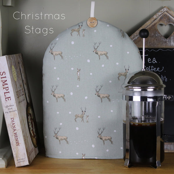 Christmas cafetiere coffee cosy. Handmade in Sophie Allport Christmas fabrics. Robin, Christmas Stags Reindeer fabric