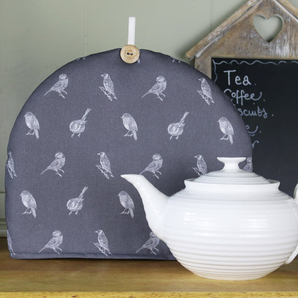 Birdwatching gift. Tea Cosy in British birds fabric (Charcoal grey) Tea lover gift. Housewarming gift