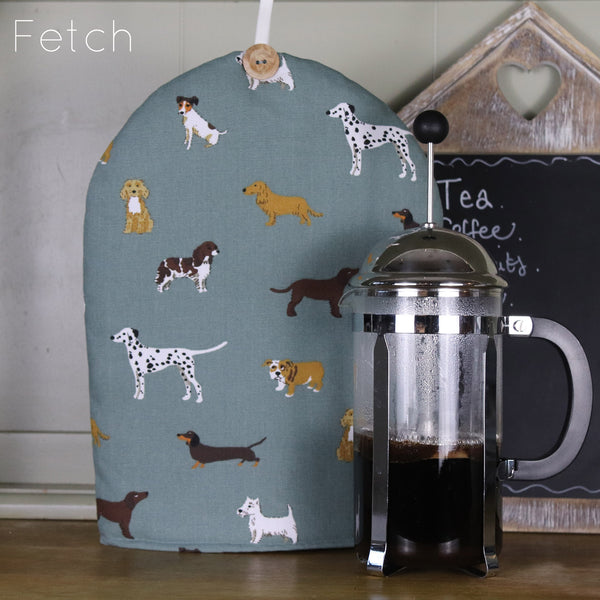 Cafetiere French Press coffee cosy cover. Handmade in Sophie Allport Dog Print Labrador Pug Spaniels Terrier Lurcher fabric
