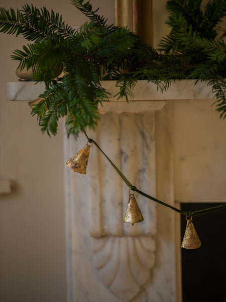 Antique Brass Bell Garland on Green Velvet ribbon