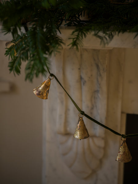 Antique Brass Bell Garland on Green Velvet ribbon