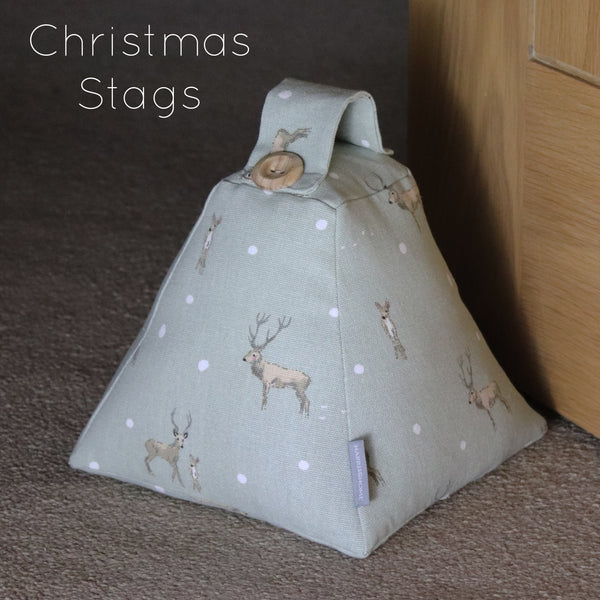 Christmas door stop. Handmade in Sophie Allport Christmas fabrics. Robin and Mistletoe, Christmas Stags Reindeer fabric.