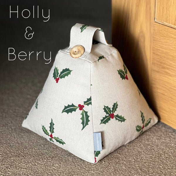 Christmas door stop. Handmade in Sophie Allport Christmas fabrics. Robin and Mistletoe, Christmas Stags Reindeer fabric.
