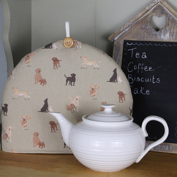 Sophie Allport tea cosy in Labrador Retriever print fabric. Handmade by Harris and Home