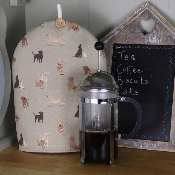 Sophie Allport cafetiere coffee pot cosy in Labrador Retriever print fabric. Handmade by Harris and Home (Copy)