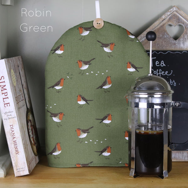 Cafetiere coffee cosy cover. Handmade in Sophie Allport Animal print Dog Hare Bees Birds and Botanical fabrics