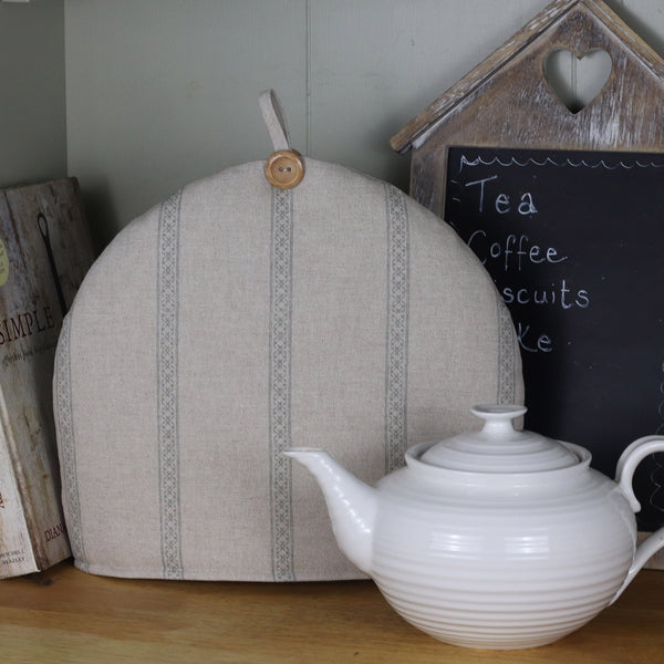 Farmhouse Vintage style tea cosy in linen with grey stripe