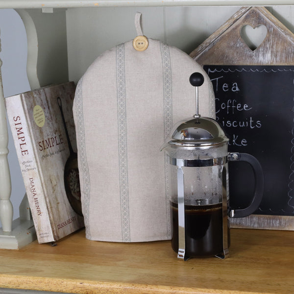 Farmhouse vintage style Coffee cafetiere cosy in natural linen colour