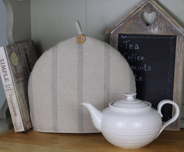 Farmhouse Vintage style tea cosy in linen with grey stripe