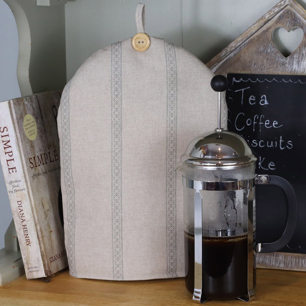 Farmhouse vintage style Coffee cafetiere cosy in natural linen colour