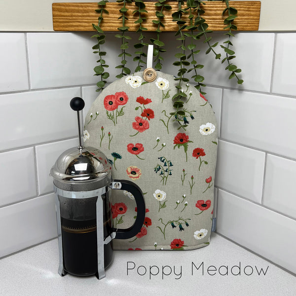 Cafetiere coffee cosy cover. Handmade in Sophie Allport Animal print Dog Hare Bees Birds and Botanical fabrics