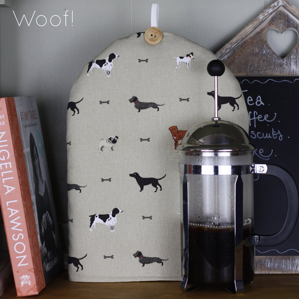 50% off. 'Almost Perfect' Cafetiere French Press coffee cosy cover. Handmade in Sophie Allport Dog Print Spaniels Woof Speedy Dogs fabric