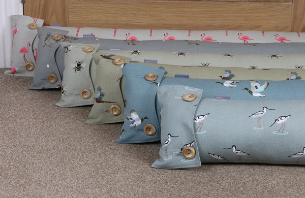 Sophie Allport birds draught excluder. Handmade by Harris and Home. Flamingo Chicken Bees Robin fabric