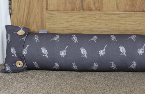 British Garden Birds draught excluder featuring Robins, Bluetits, Goldfinch and Long tailed tits.