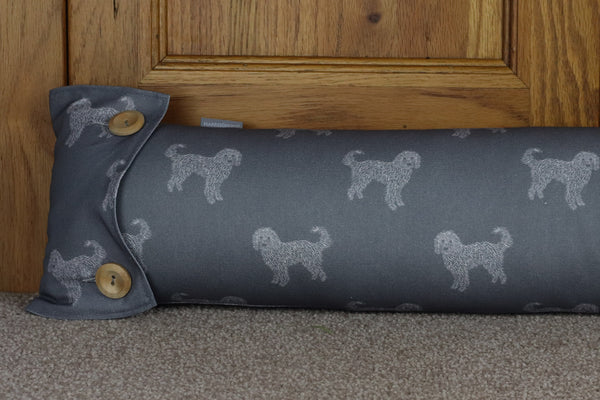 Fabric draught excluder in Labradoodle Goldendoodle Fabric designed by Harris & Home.