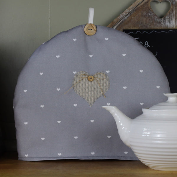 Fabric Tea Cosy in Shabby Chic Earl Grey Polka Heart fabric with Heart Applique
