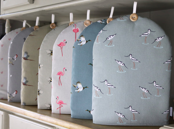 Cafetiere French Press coffee cosy cover. Handmade in Sophie Allport Bird Fabrics Hearts Flamingo Bees Birds fabric