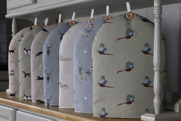 Cafetiere coffee cosy cover. Handmade in Sophie Allport Animal print Dog Cat Hare Bees Pheasant Flamingo Chicken fabric