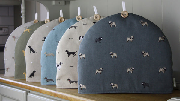 Sophie Allport tea cosy in dog fabrics. Handmade by Harris and Home in Labrador Terrier Pug Spaniels Dachshund Fabric