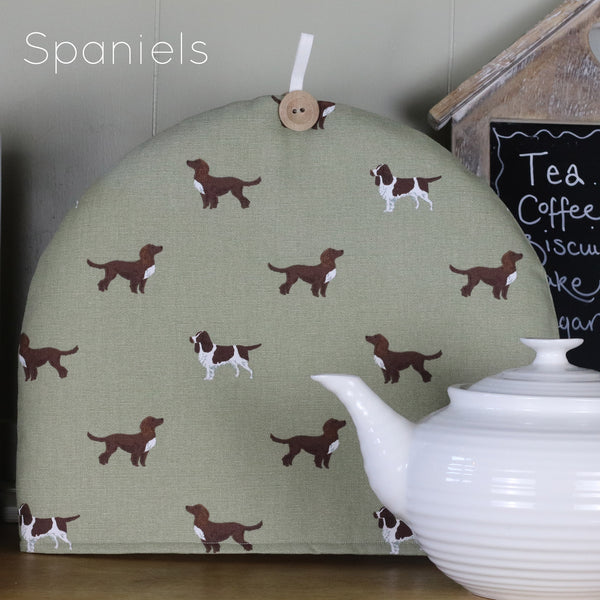 Sophie Allport tea cosy in dog fabrics. Handmade by Harris and Home in Labrador Terrier Pug Spaniels Dachshund Fabric