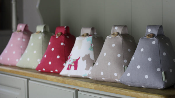 Shabby chic polka dot spotty doorstop. Handmade in pink red blue green and scottie dog fabric