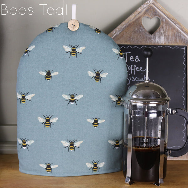 Cafetiere coffee cosy cover. Handmade in Sophie Allport Animal print Dog Hare Bees Birds and Botanical fabrics