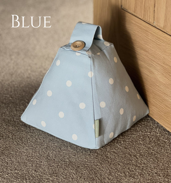 Shabby chic polka dot spotty doorstop. Handmade in pink red blue green and scottie dog fabric