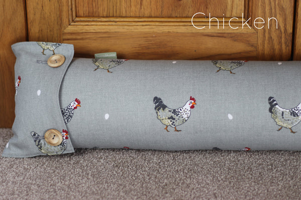Sophie Allport draught excluder. Handmade by Harris and Home in animal print Dog Stag Chicken Pheasant Flamingo Fabric