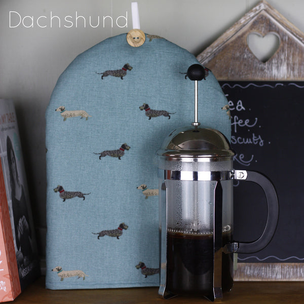 Cafetiere French Press coffee cosy cover. Handmade in Sophie Allport Dog Print Labrador Pug Spaniels Terrier Lurcher fabric