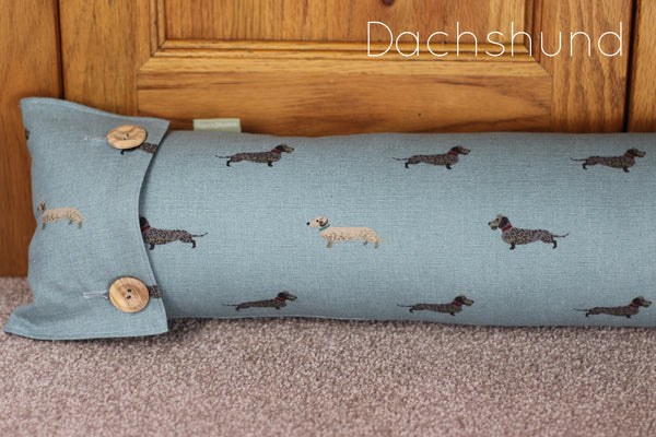 Sophie Allport draught excluder. Handmade by Harris and Home in animal print Dog Stag Chicken Pheasant Flamingo Fabric