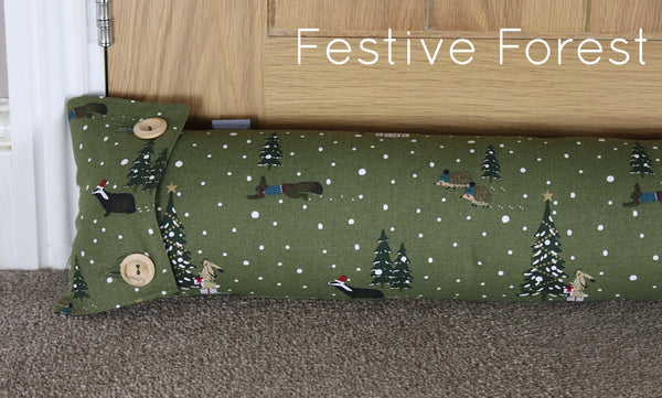 Sophie Allport draught excluder. Handmade by Harris and Home in animal print Dog Stag Chicken Pheasant Flamingo Fabric