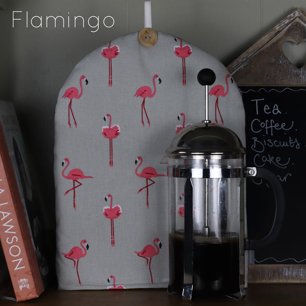 Cafetiere French Press coffee cosy cover. Handmade in Sophie Allport Bird Fabrics Hearts Flamingo Bees Birds fabric