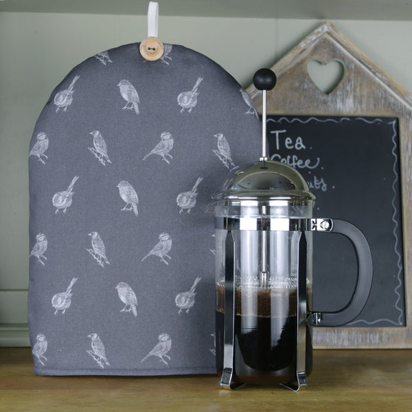 Cafetiere coffee cosy in British birds fabric coffee lover. Birdwatching gift.