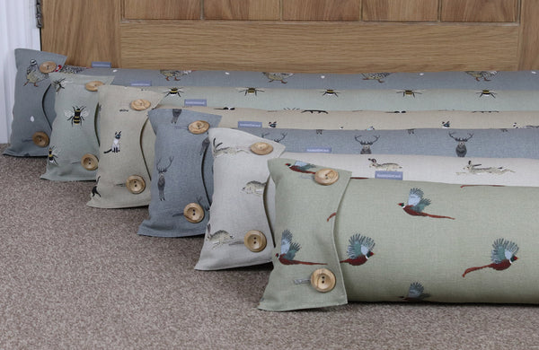 Sophie Allport draught excluder. Handmade by Harris and Home in animal print Dog Stag Chicken Pheasant Flamingo Fabric