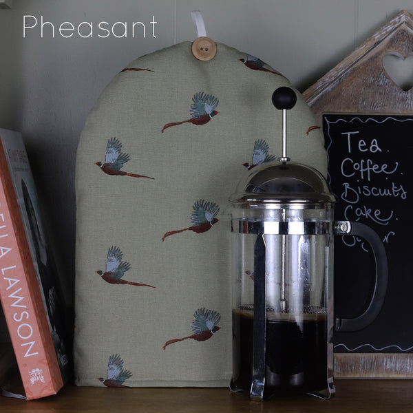 Cafetiere French Press coffee cosy cover. Handmade in Sophie Allport Bird Fabrics Hearts Flamingo Bees Birds fabric