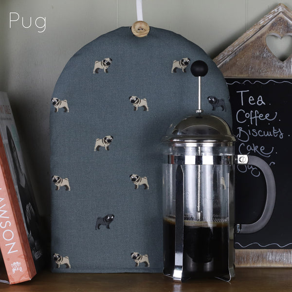Cafetiere French Press coffee cosy cover. Handmade in Sophie Allport Dog Print Labrador Pug Spaniels Terrier Lurcher fabric