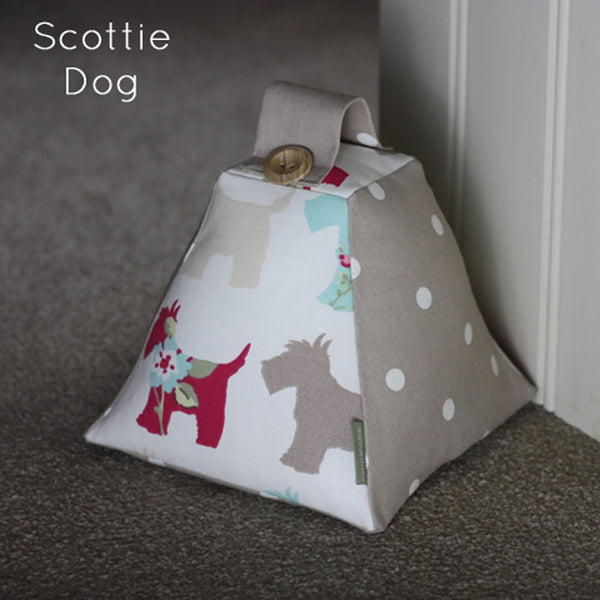 Shabby chic polka dot spotty doorstop. Handmade in pink red blue green and scottie dog fabric