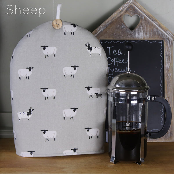Cafetiere coffee cosy cover. Handmade in Sophie Allport Animal print Dog Cat Hare Bees Pheasant Flamingo Chicken fabric