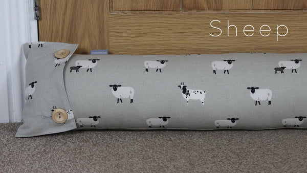 Sophie Allport draught excluder. Handmade by Harris and Home in animal print Dog Stag Chicken Pheasant Flamingo Fabric