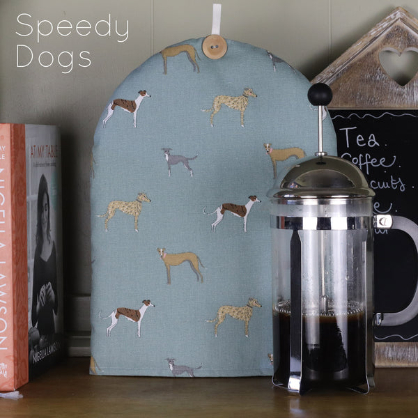 50% off. 'Almost Perfect' Cafetiere French Press coffee cosy cover. Handmade in Sophie Allport Dog Print Spaniels Woof Speedy Dogs fabric