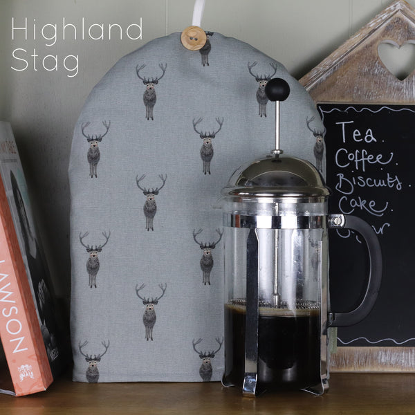 Cafetiere coffee cosy cover. Handmade in Sophie Allport Animal print Dog Hare Bees Birds and Botanical fabrics
